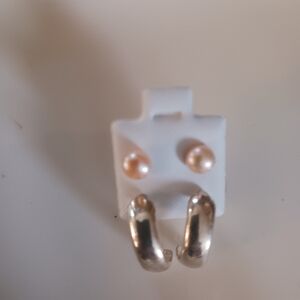 Pearl Studs and Sleek Silver Hoop Earrings - Pink Pearls & Silver
